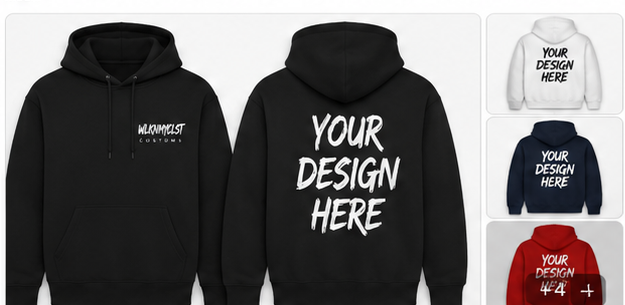 Fully Customizable Wlknmyclst Hoodie mockup with black, white, navy, and red options