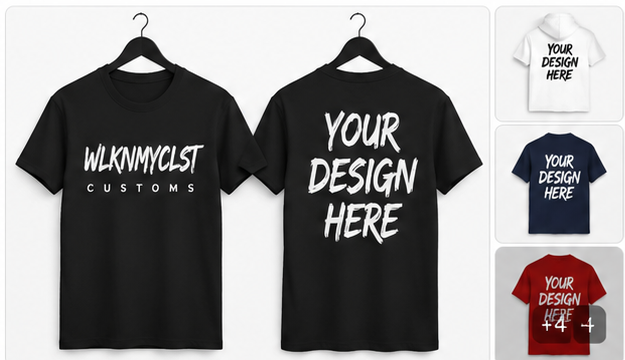 Fully Customizable Wlknmyclst T-Shirt mockup with black, white, navy, and red options